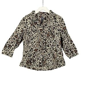 Chicos Leopard Animal Button 3/4‎ Sleeve Top Women Size 2 US L Office Vacation